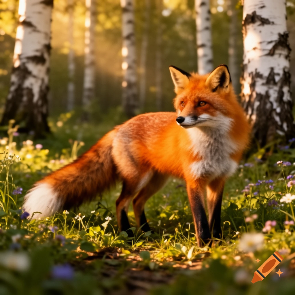 A photorealistic red fox stands in a sunlit forest with birch trees and wildflowers.