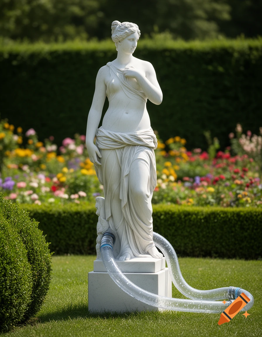 A white marble Venus statue stands in a vibrant garden, with a transparent AC drainage tube connected to its base.
