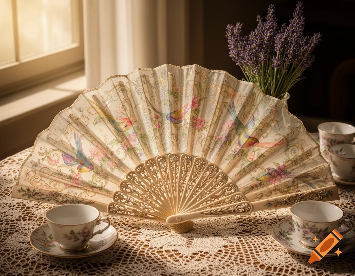 A decorative coquette style fan with bird and floral patterns, two teacups, and a vase of lavender on a lace tablecloth in soft light.