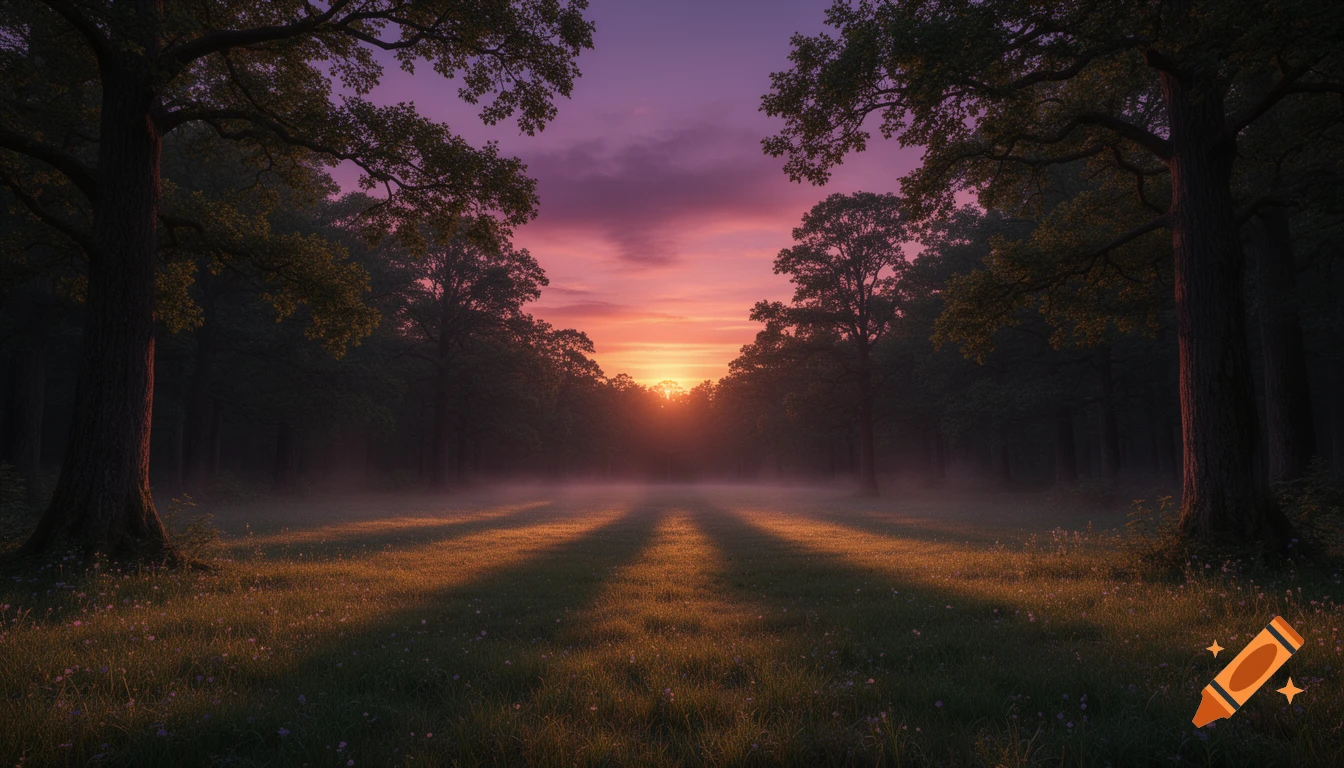 A serene forest clearing bathed in the warm glow of a sunset, with mist and long shadows stretching across the grass.
