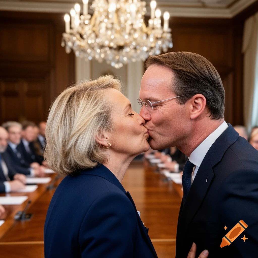 A man in a suit kisses a woman in a blue blazer on the cheek in a formal meeting room with a chandelier.