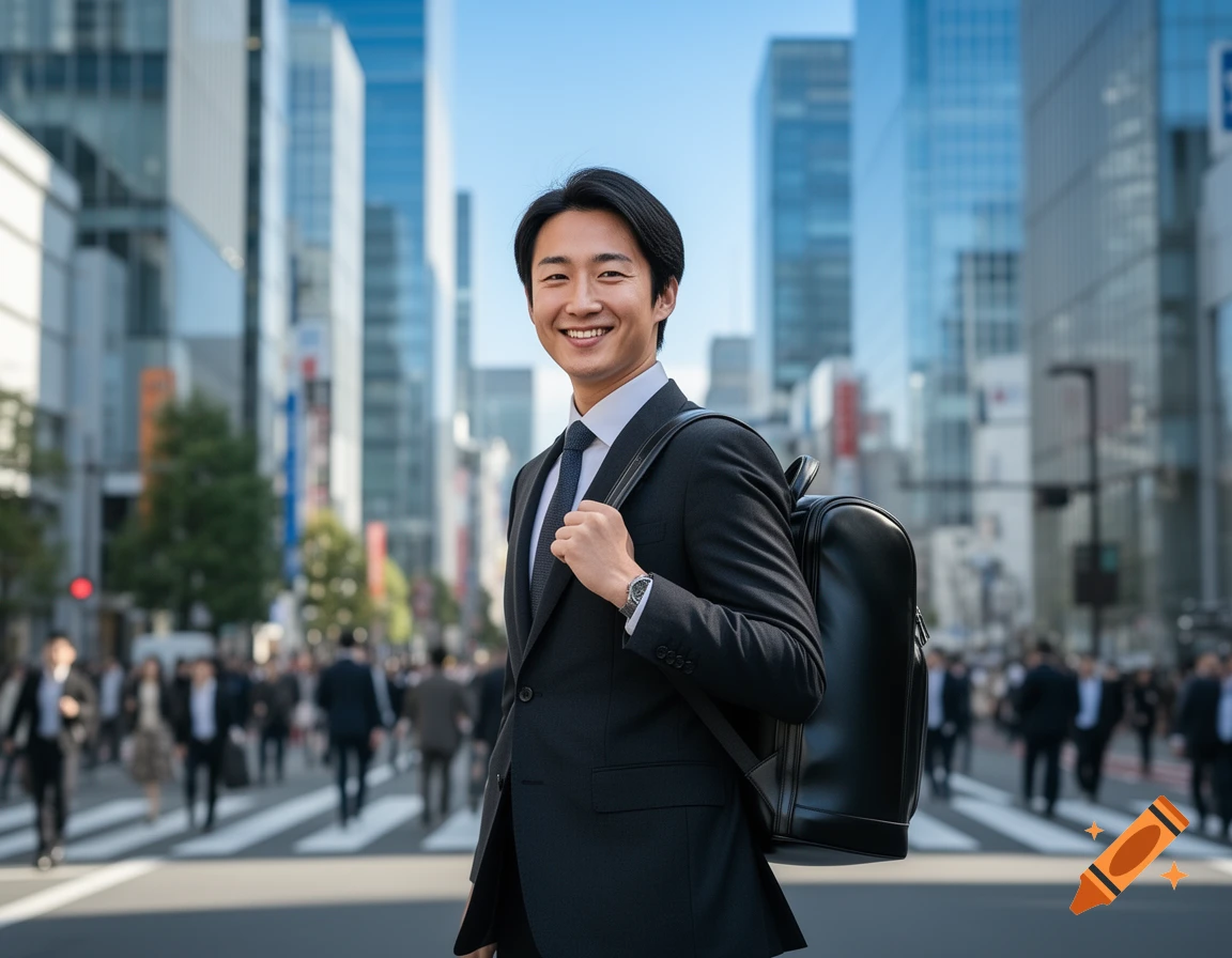A smiling Japanese businessman in a dark suit with a black backpack stands on a city street with skyscrapers behind him.