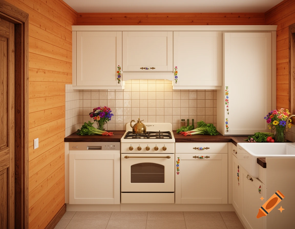 A photorealistic 3D rendering of a warm, traditional alpine farmhouse kitchen with cream-white cabinets, wooden walls, a stove, sink, and fresh flowers.