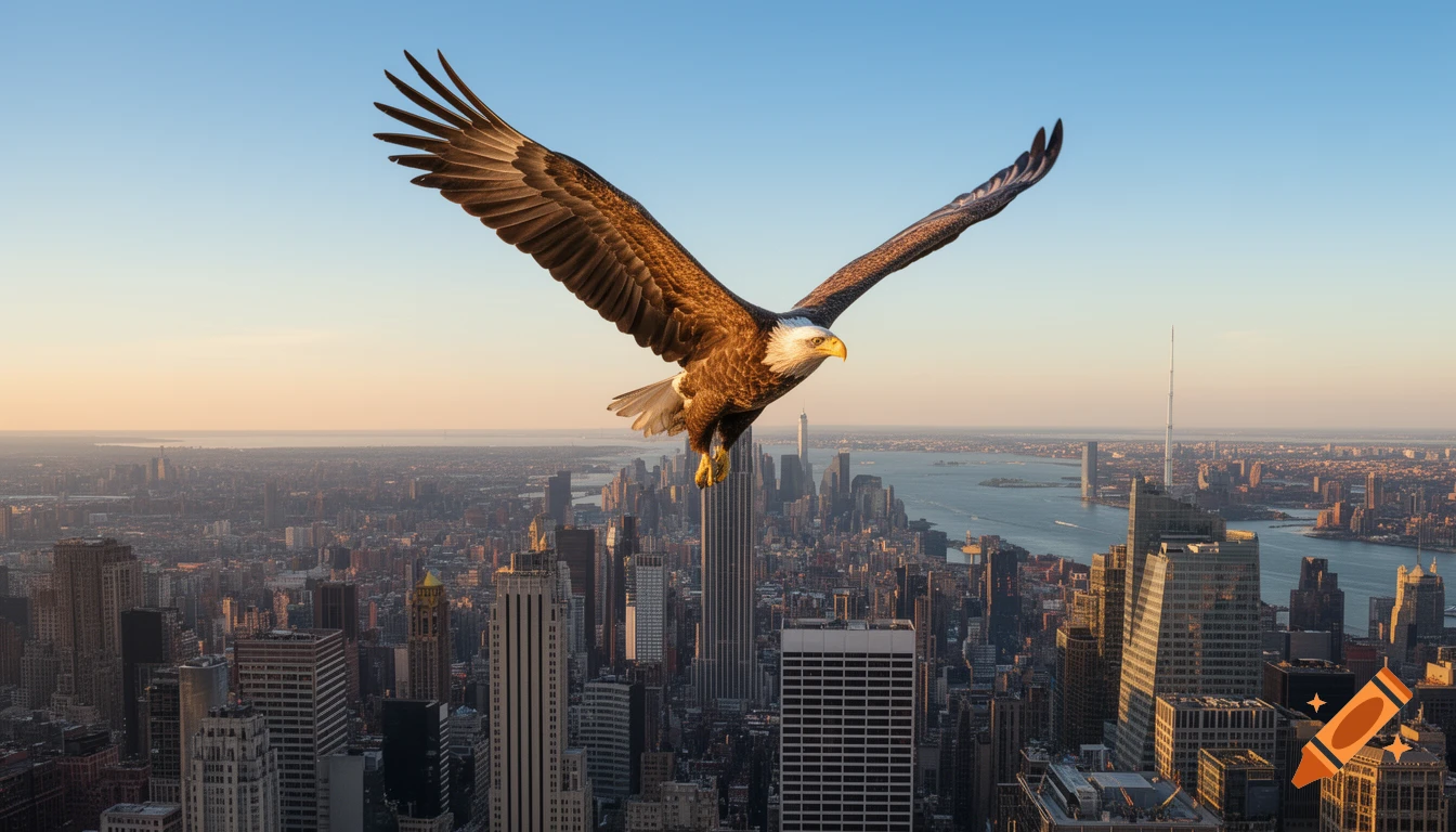 A majestic bald eagle with outstretched wings soars above the sprawling cityscape of New York at sunset, photorealistic style.