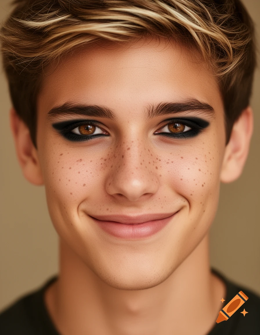 Close-up, realistic portrait of a smiling young man with light brown hair, freckles, brown eyes, and black eyeshadow.