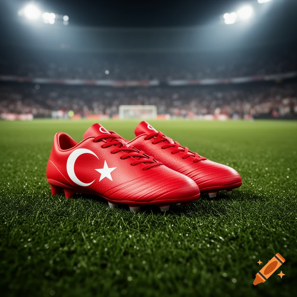 Red soccer cleats with the Turkish flag's white crescent moon and star, on a green stadium grass field at night.