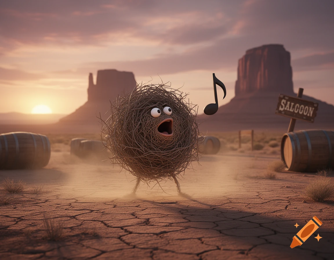 A cartoon singing tumbleweed with big eyes and an open mouth stands in a cracked desert with a music note floating nearby, against a western sunset backdrop.