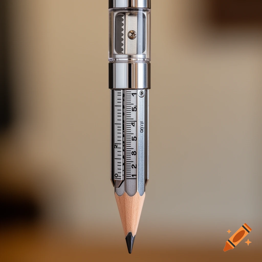 Close-up of a multi-tool metal pencil featuring a sharpener at the top, a ruler in the middle, and a wooden pencil tip at the bottom.