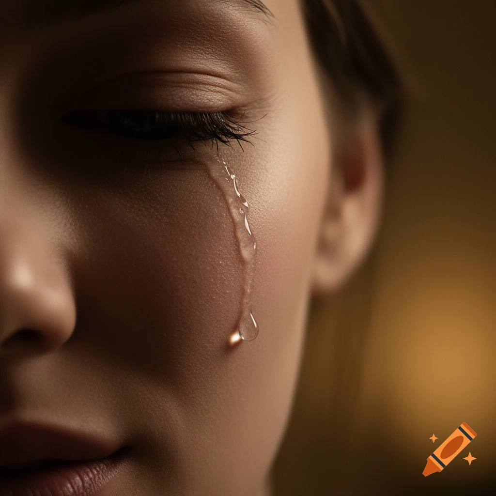 Close-up, photorealistic portrait of a person's closed eye with a tear rolling down their cheek.