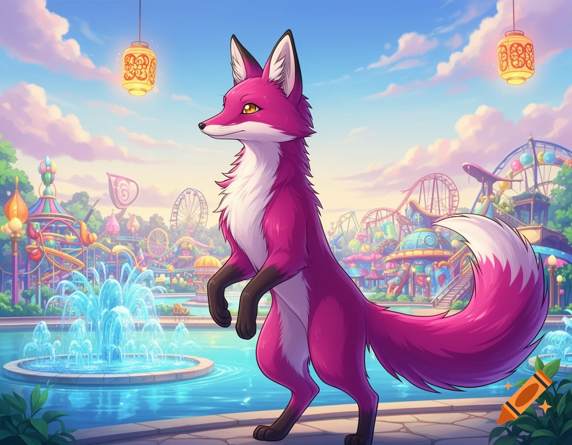 An anime-style magenta fox stands on its hind legs in a colorful theme park with a fountain and roller coasters.