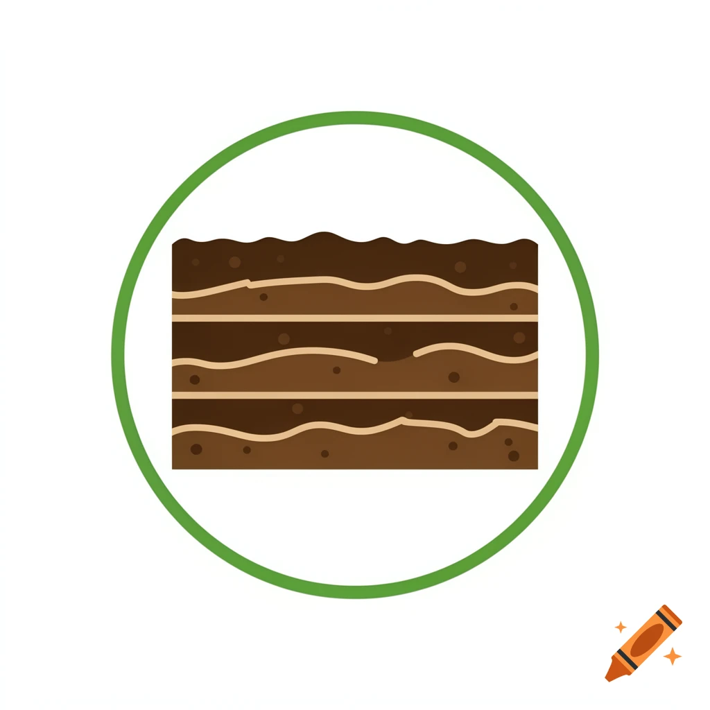 A flat illustration of soil layers, a cross-section of brown and tan earth, enclosed in a green circle.