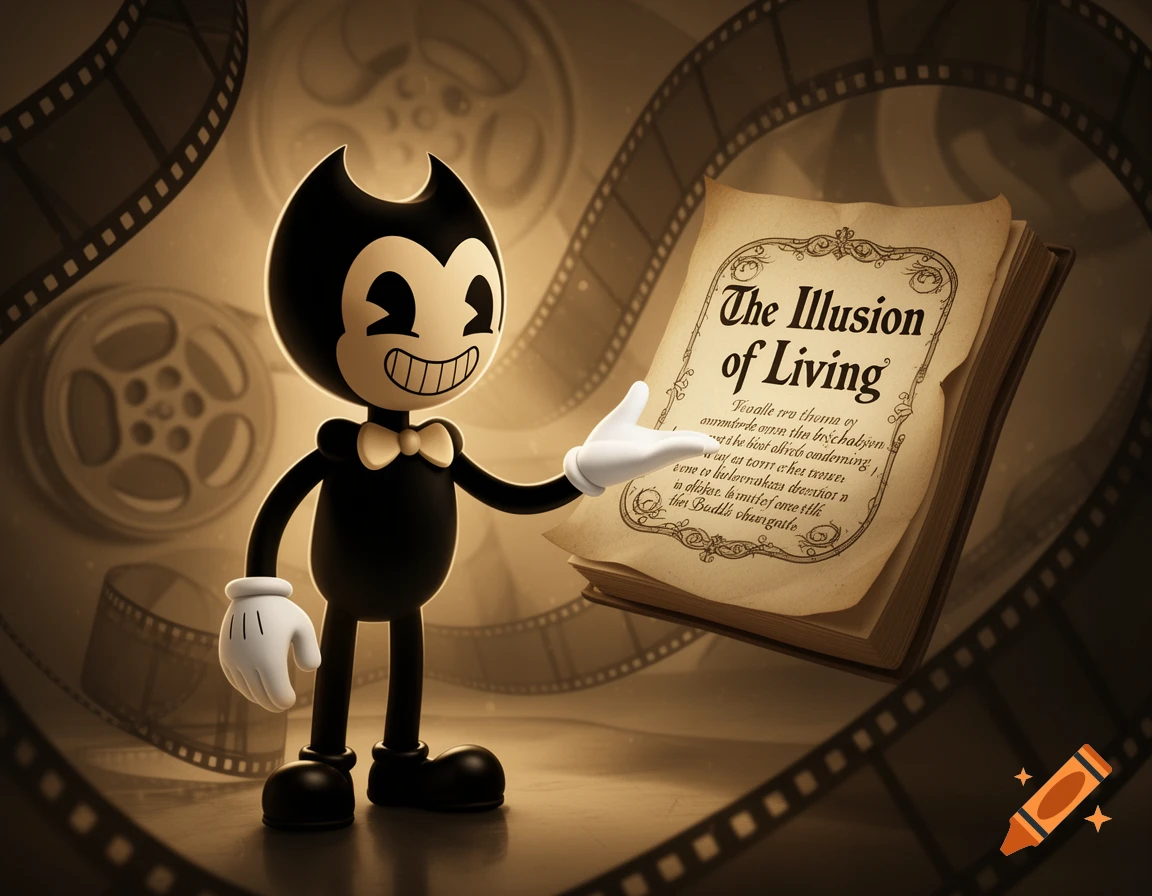 Bendy, a black and white cartoon character, smiles and presents an old book titled "The Illusion of Living" against a sepia background with film reels and strips.