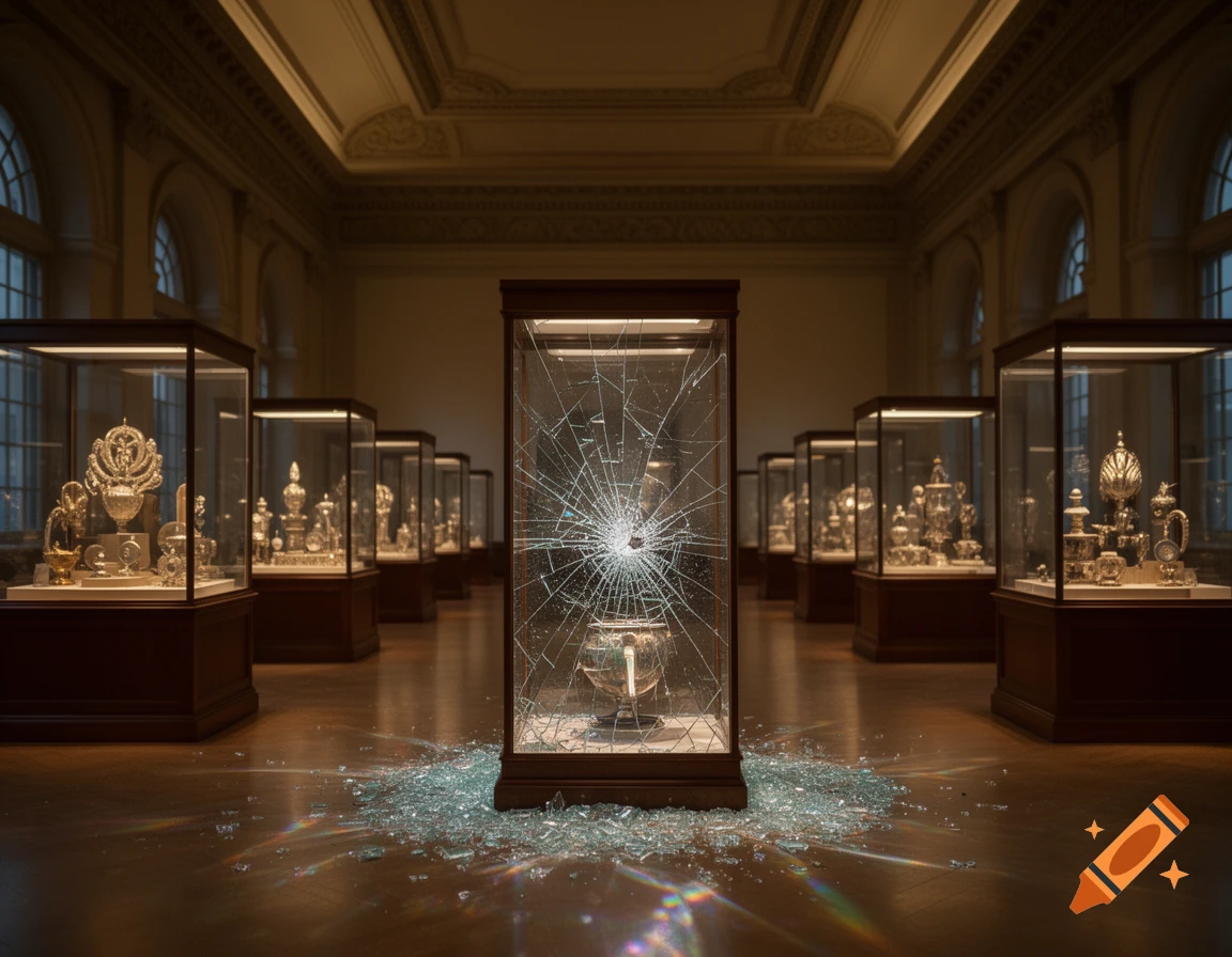 Photorealistic museum interior with a shattered central display case, glass on the floor, surrounded by intact cases with ornate artifacts.