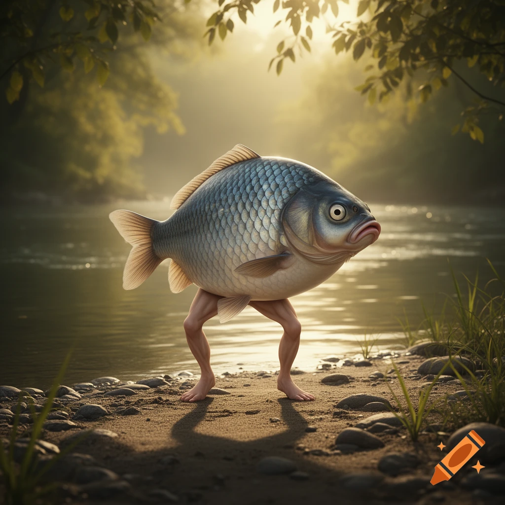 Photorealistic image of a large fish with human legs standing on a sandy riverbank in a sun-dappled forest.