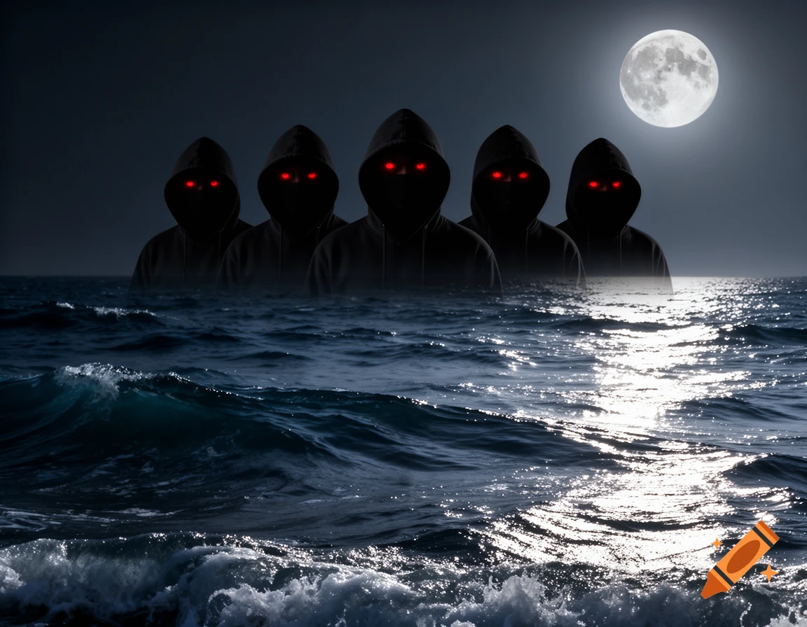 Five dark hooded figures with glowing red eyes emerge from a moonlit, wavy sea at night, photorealistic.