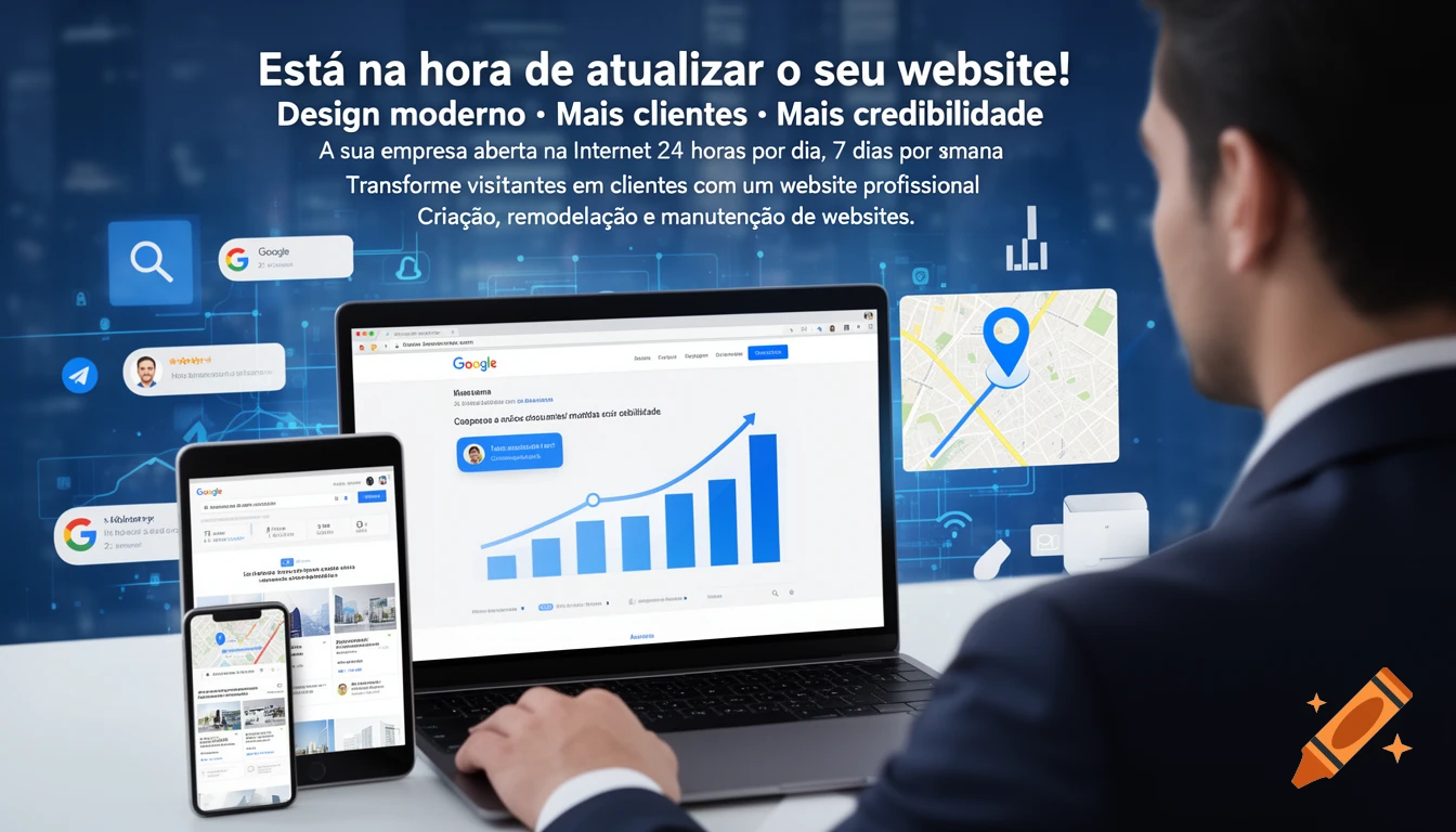 A man in a suit looks at a laptop displaying a website growth chart, flanked by a tablet and smartphone. Digital icons and promotional text about website services float around him.
