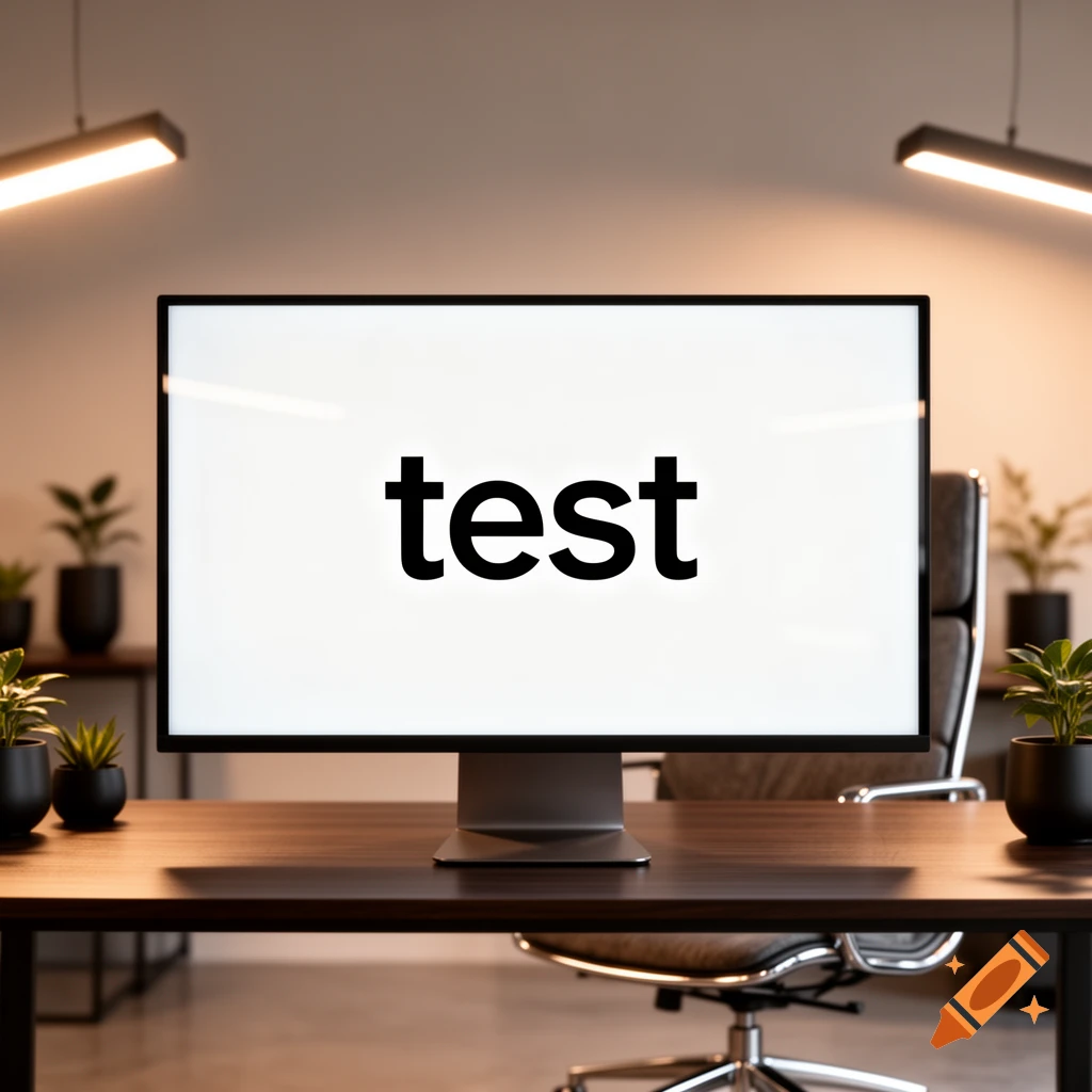 A computer monitor displaying the word 'test' on a wooden desk in a modern office with plants and warm lighting.
