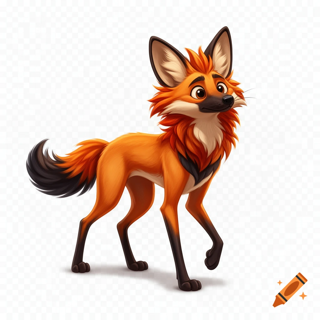 A cute cartoon maned wolf with orange fur, a fluffy mane, and black legs stands against a transparent background.
