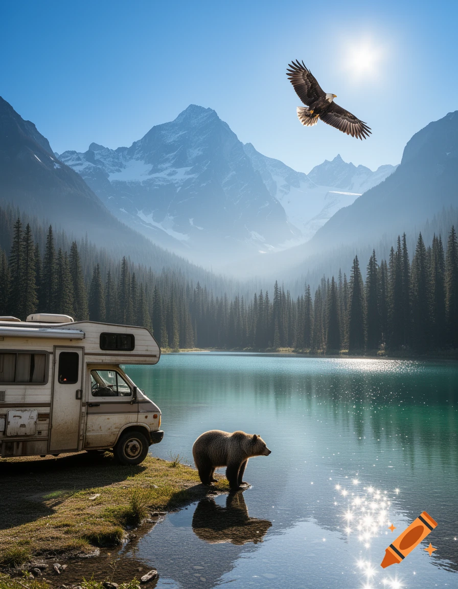 Photorealistic scene with an RV, bear in a lake, and an eagle flying over misty mountains and a forest under a sunny sky.
