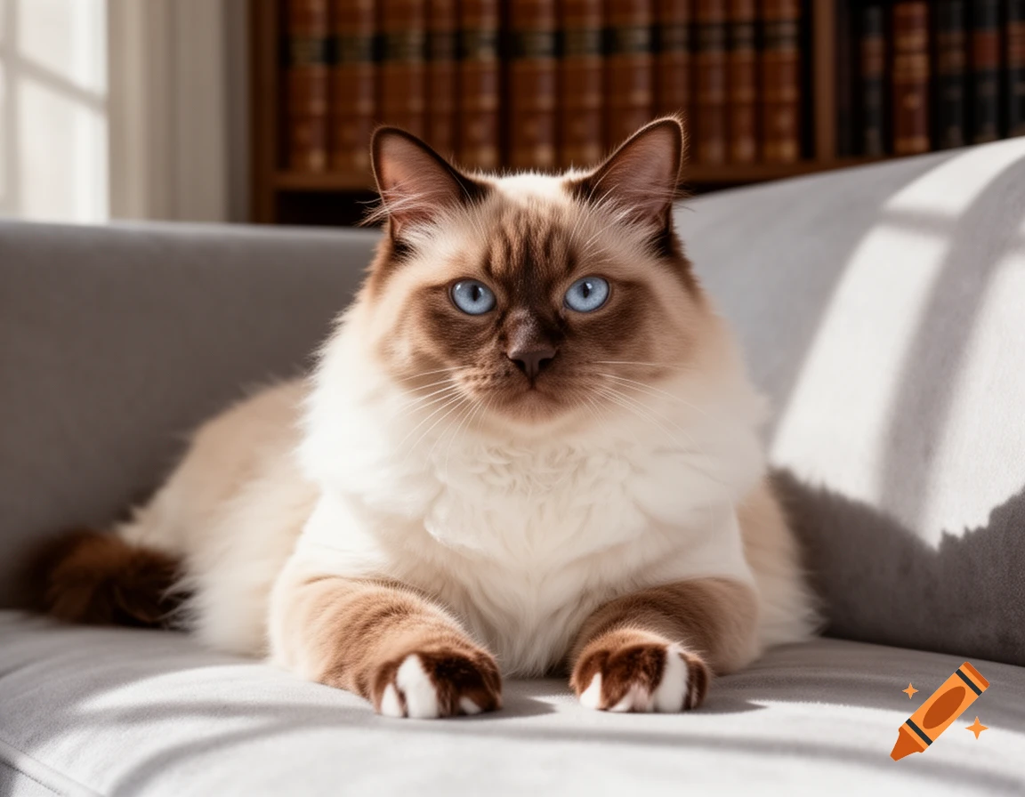 A photorealistic Birman cat with blue eyes and cream and brown fur lies on a gray couch, looking at the viewer.