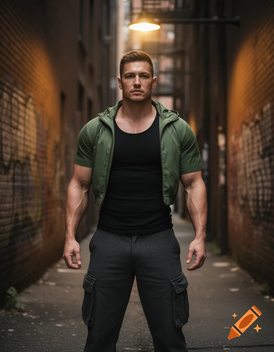 Muscular man in a black tank top and green cropped jacket, dark grey cargo pants, standing in a dimly lit urban alley with graffiti.