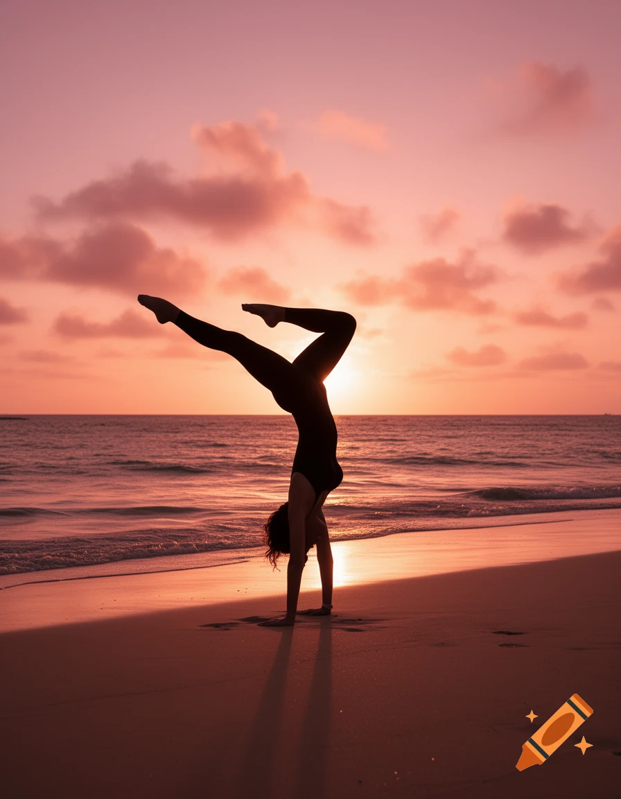A silhouette of a person doing a handstand with bent legs on a sandy beach at sunset.