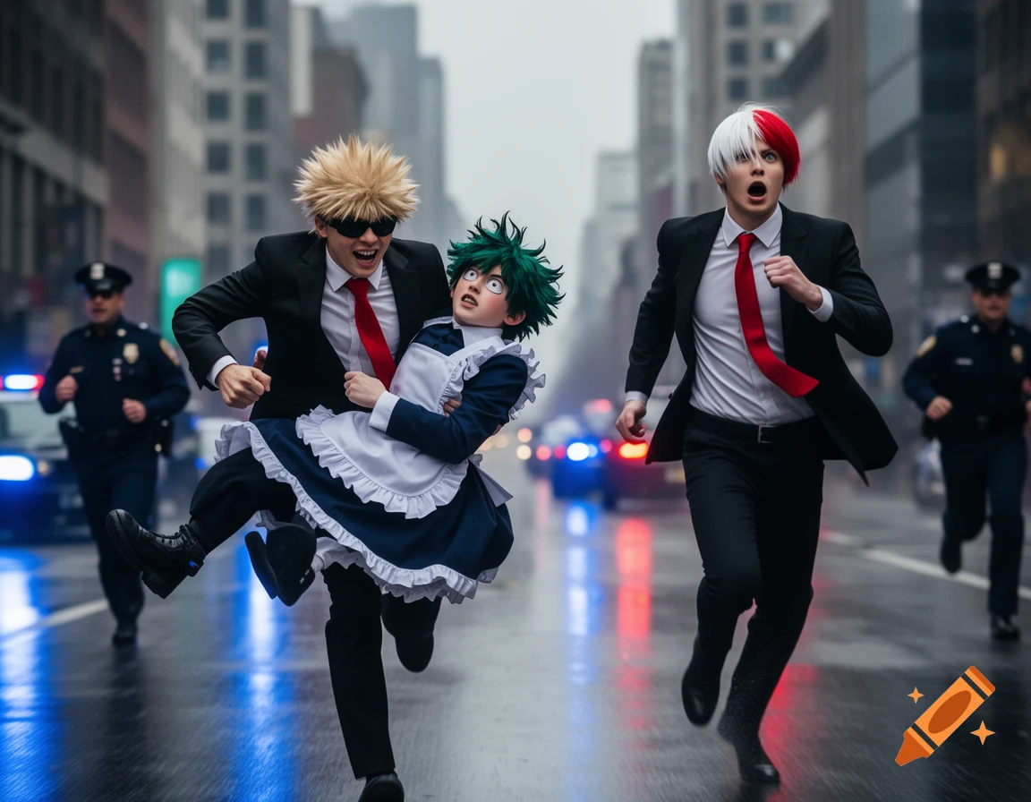 Bakugo carrying Deku in a maid dress, with Todoroki, all in suits, running from police on a wet city street.
