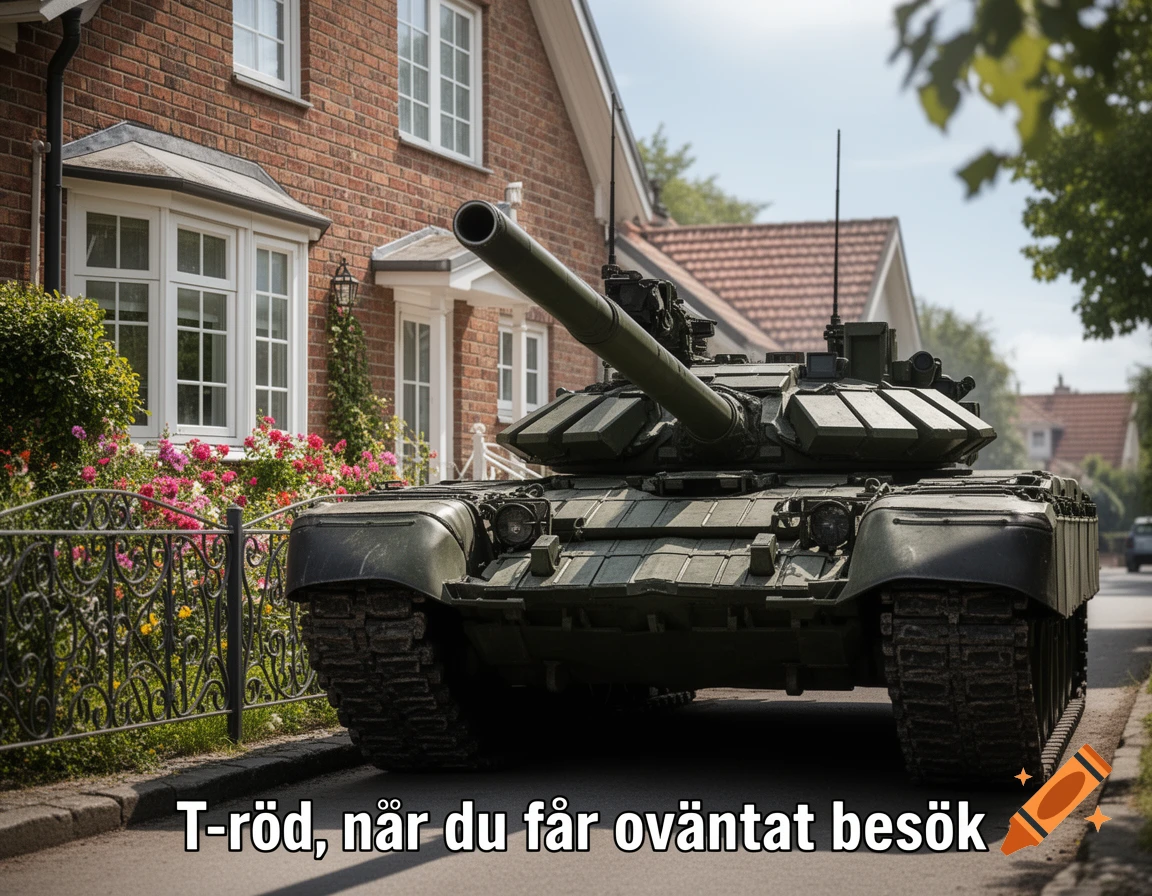 Photorealistic T-90 tank parked on a residential street in front of a brick house with pink flowers, featuring text at the bottom.