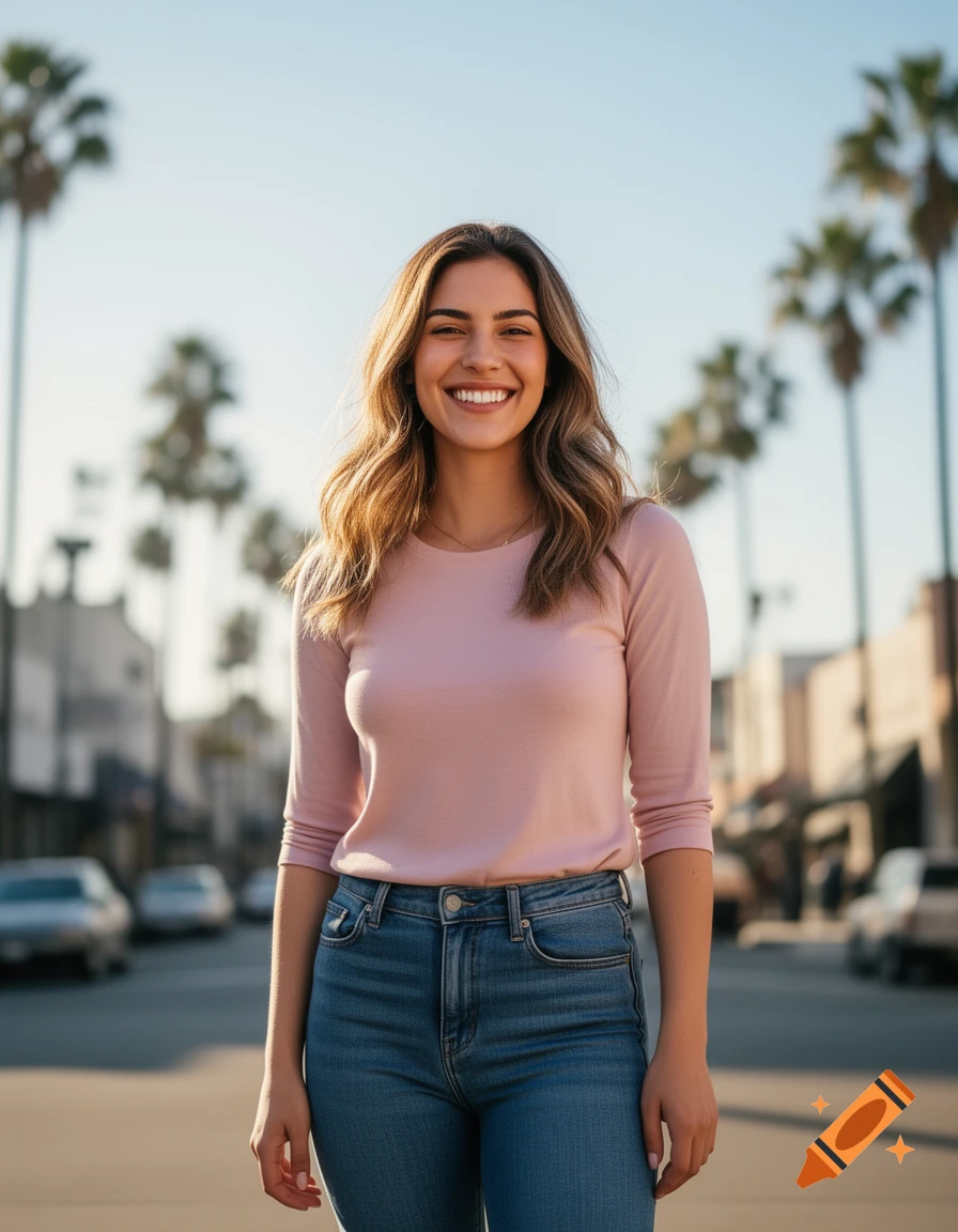 A photorealistic image of a smiling woman in a pink top and jeans standing on a sunny street with palm trees.