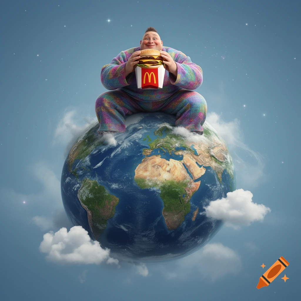 A smiling, overweight cartoon man in colorful pajamas sits atop the Earth, happily eating a large McDonald's burger.