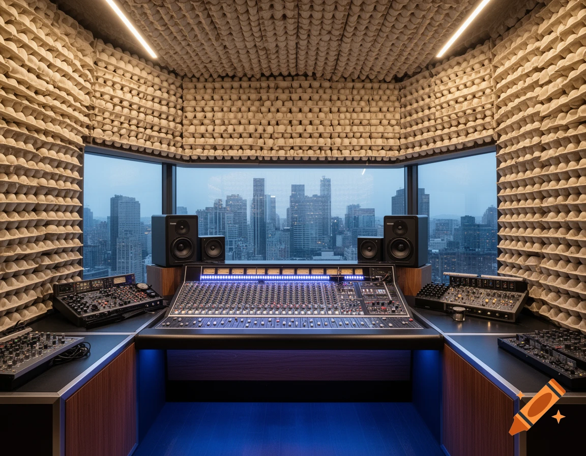 A photorealistic recording studio featuring walls and ceiling covered in egg carton-like acoustic treatment, with a large mixing console and audio equipment facing a window overlooking a city skyline at dusk.