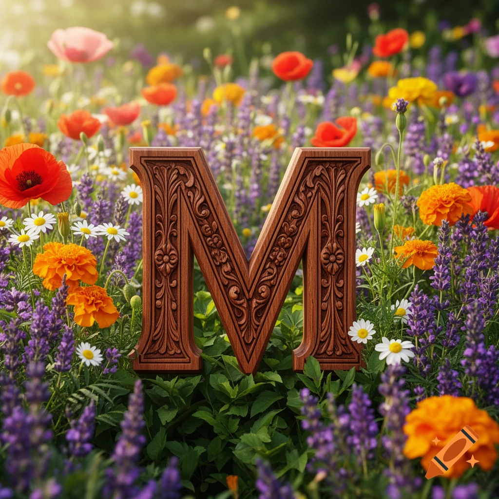 A detailed wooden letter M stands in a vibrant field of red poppies, purple lavender, and orange and white wildflowers under sunlight.