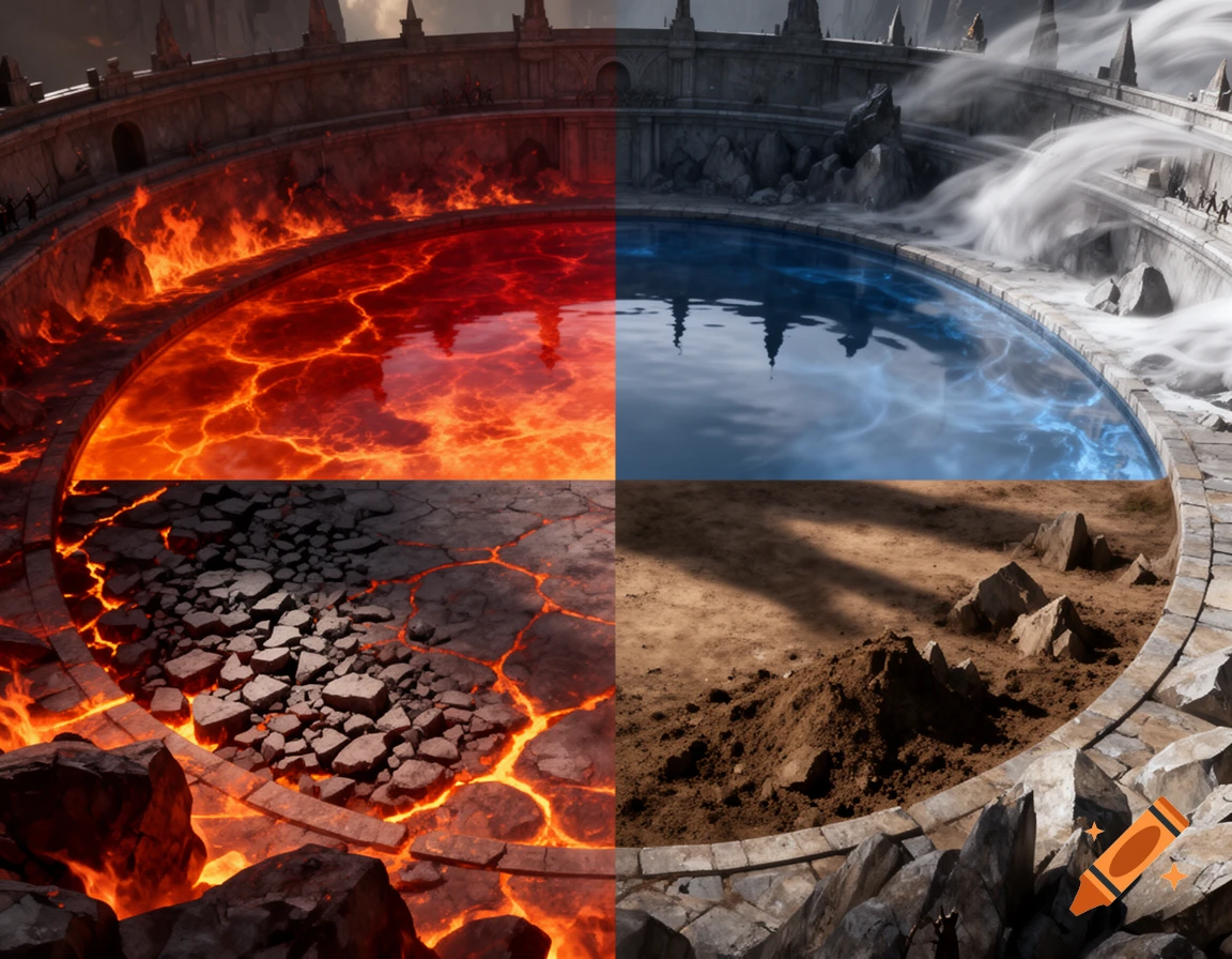 A circular fantasy arena divided into four sections: fiery lava, calm blue water, cracked dry earth, and a sandy plain with wind.
