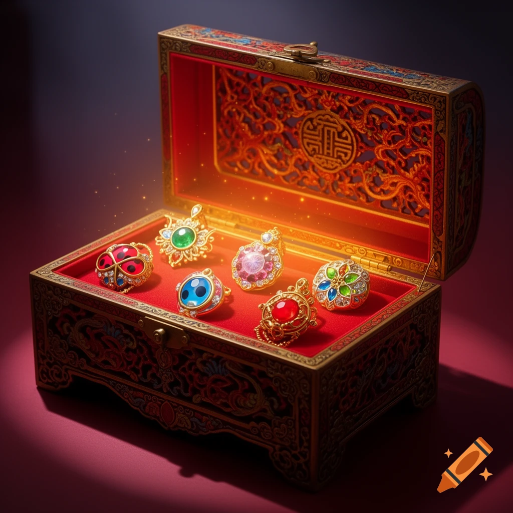 An ornate red and gold Chinese-style box filled with glowing, colorful gemstone jewelry, including various rings and pendants.