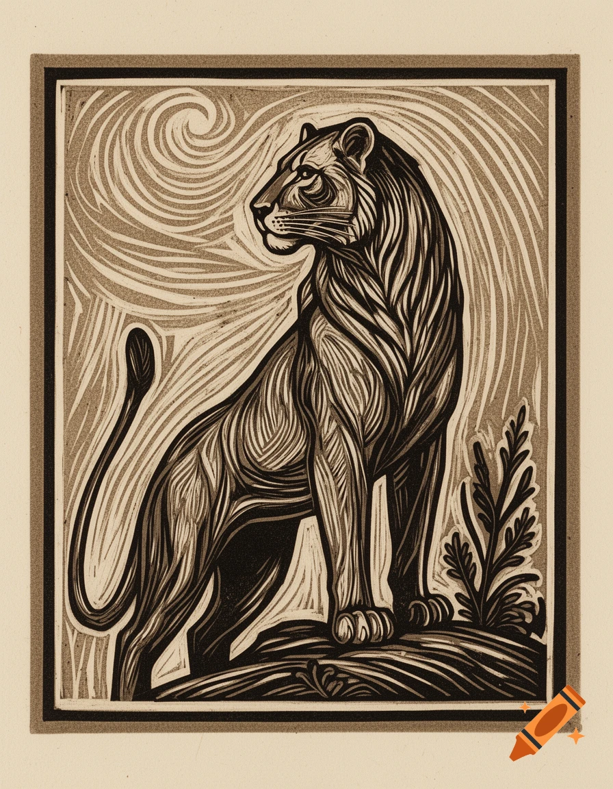 A stylized linocut illustration of a majestic lion sitting and looking left, with swirling patterns in the background.