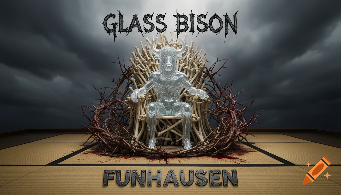 A glass minotaur on a bone throne, surrounded by thorny briars with blood, under a stormy sky, with text "GLASS BISON" and "FUNHAUSEN".