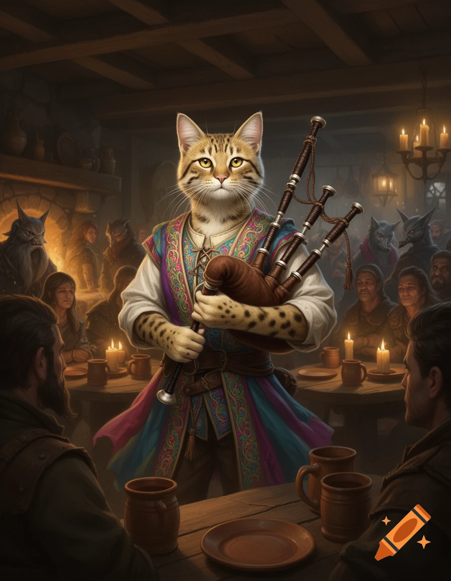 A cat-like bard in colorful clothes plays bagpipes in a dimly lit fantasy tavern filled with diverse patrons.