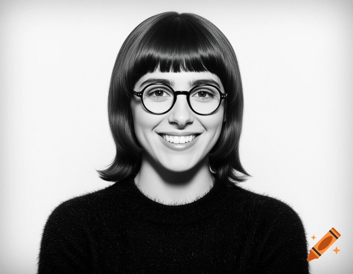 Black and white portrait of a smiling woman with a Beatles cut, round glasses, and a fuzzy black sweater.