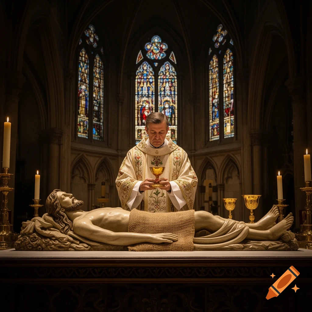 A priest in ornate vestments holds a golden chalice before a statue of Jesus on a church altar with stained glass windows.