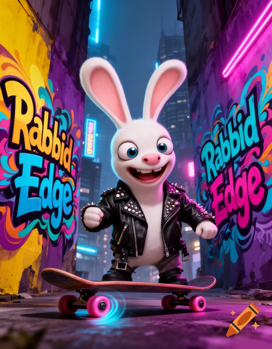 A cheerful white cartoon rabbit in a studded leather jacket skates down a neon-lit alley with 'Rabbid Edge' graffiti.