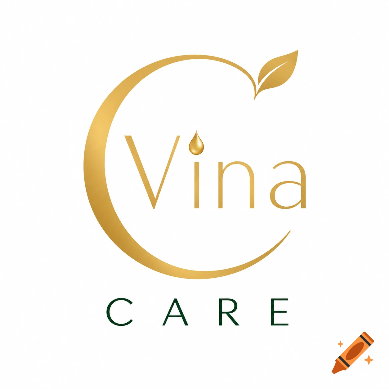 A minimalist luxury logo for Vina Care featuring a golden 'C' with a leaf, golden 'Vina' with a droplet, and green 'CARE' on a white background.