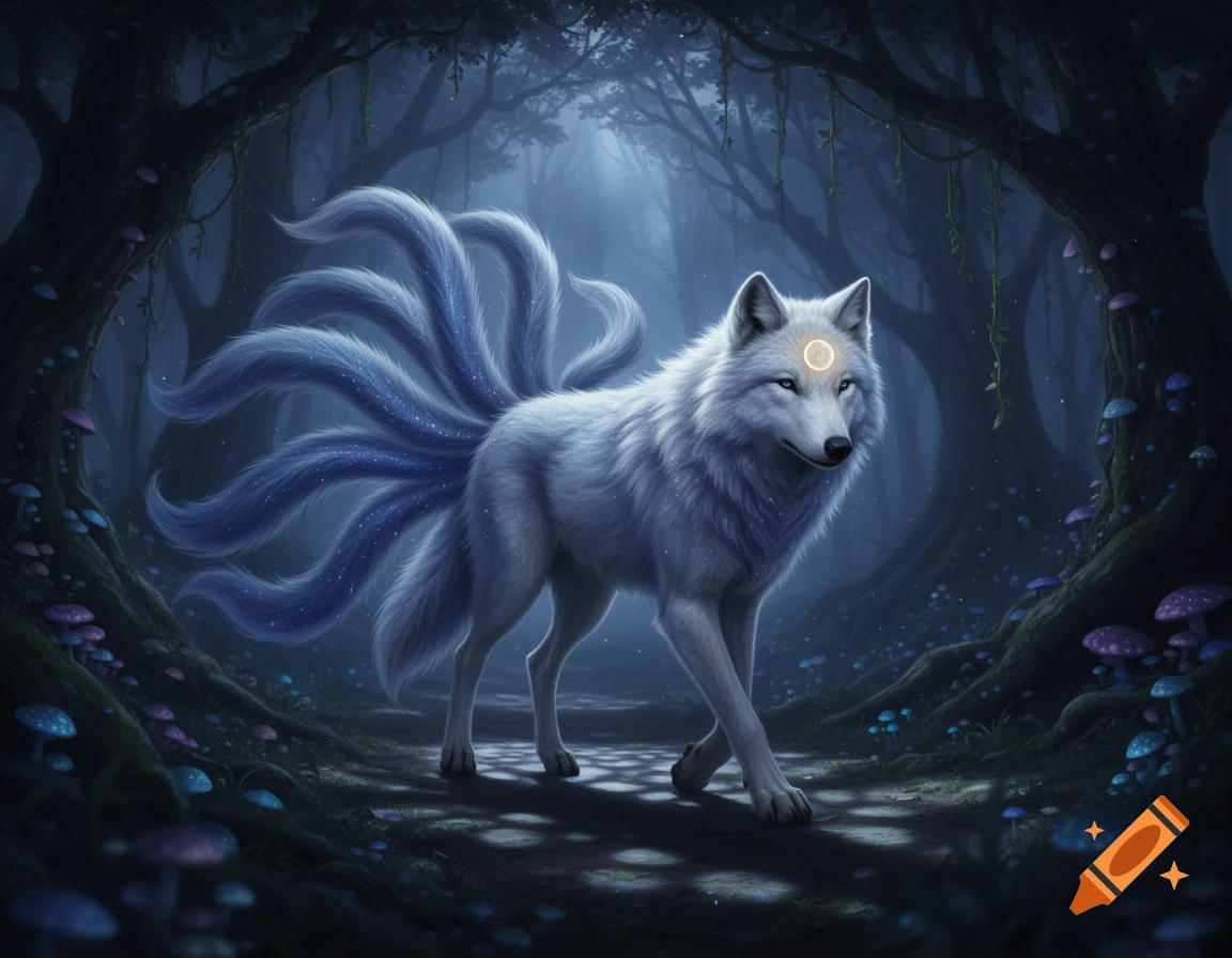 A celestial white wolf with glowing blue, starry multiple tails and a moon symbol on its forehead walks through a dark, mystical forest with glowing mushrooms.