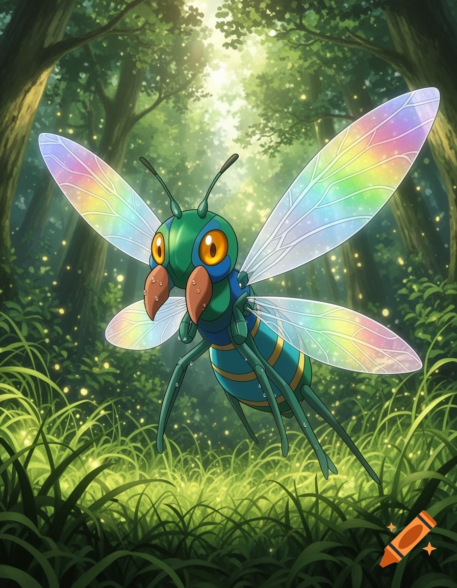 A vibrant green and blue insectoid creature with large, iridescent rainbow wings flies through a luminous, sun-dappled forest.