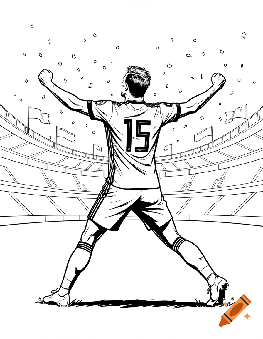 Black and white line art coloring book illustration of a soccer player with number 15 celebrating in a stadium with confetti.