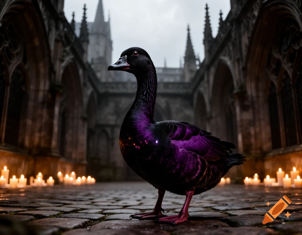 A dark purple goose with glowing specks stands on cobblestones surrounded by candles, against a gothic cathedral background.