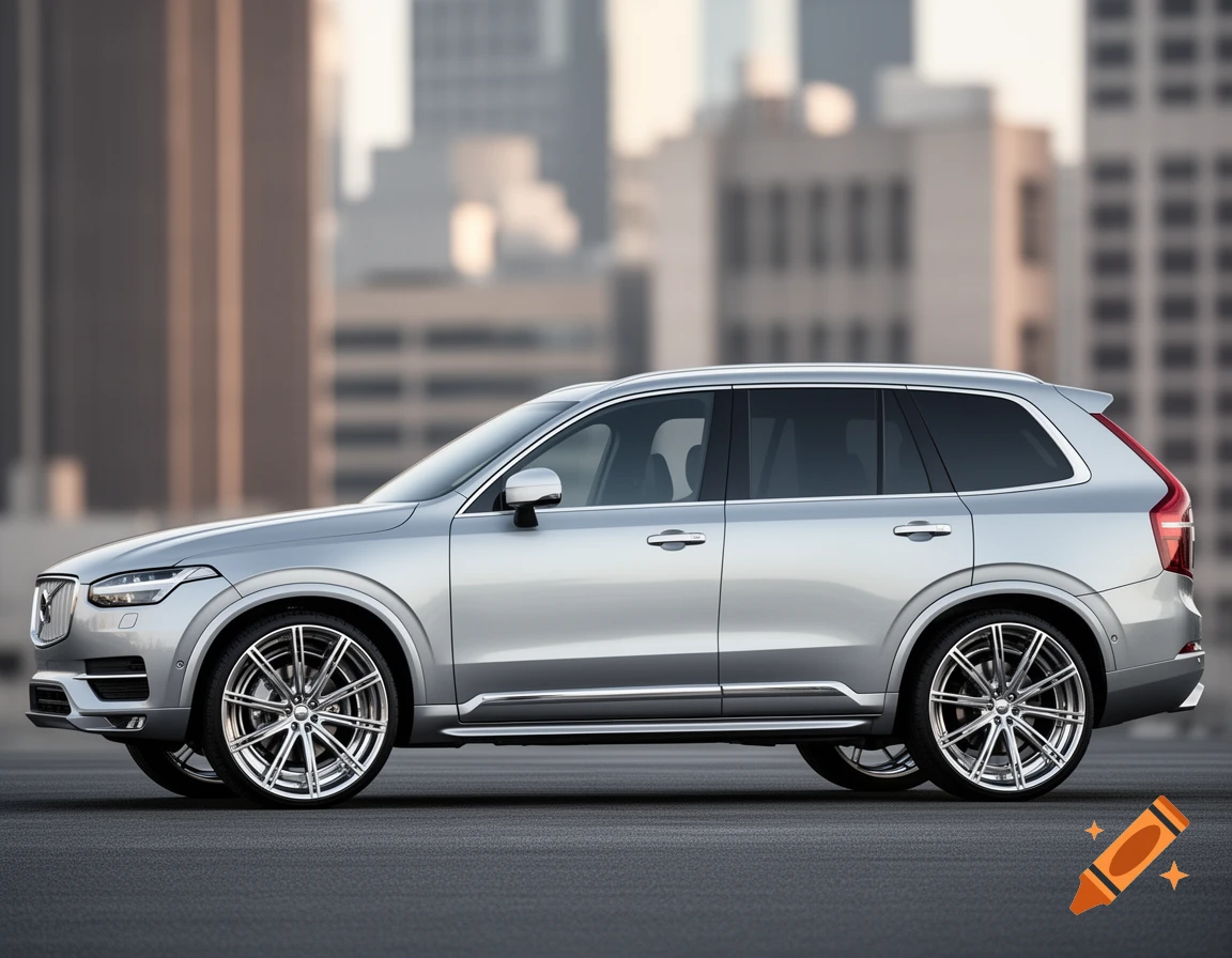 A photorealistic side view of a silver SUV with chrome custom wheels parked on asphalt, against a blurred city skyline.