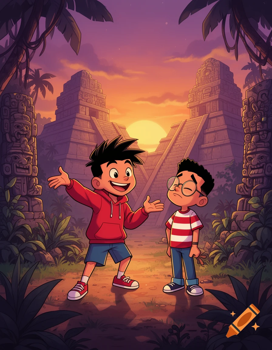 Two cartoon boys in a jungle clearing with ancient Mayan temples and a vibrant sunset. One boy is excited, the other appears grumpy.