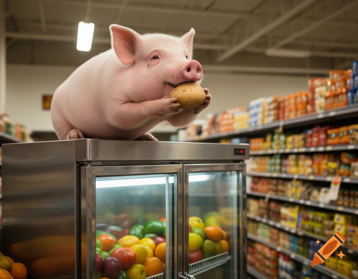 A realistic pig sits atop a stainless steel grocery store refrigerator, holding a potato to its snout as if eating it, with shelves of products blurred in the background.