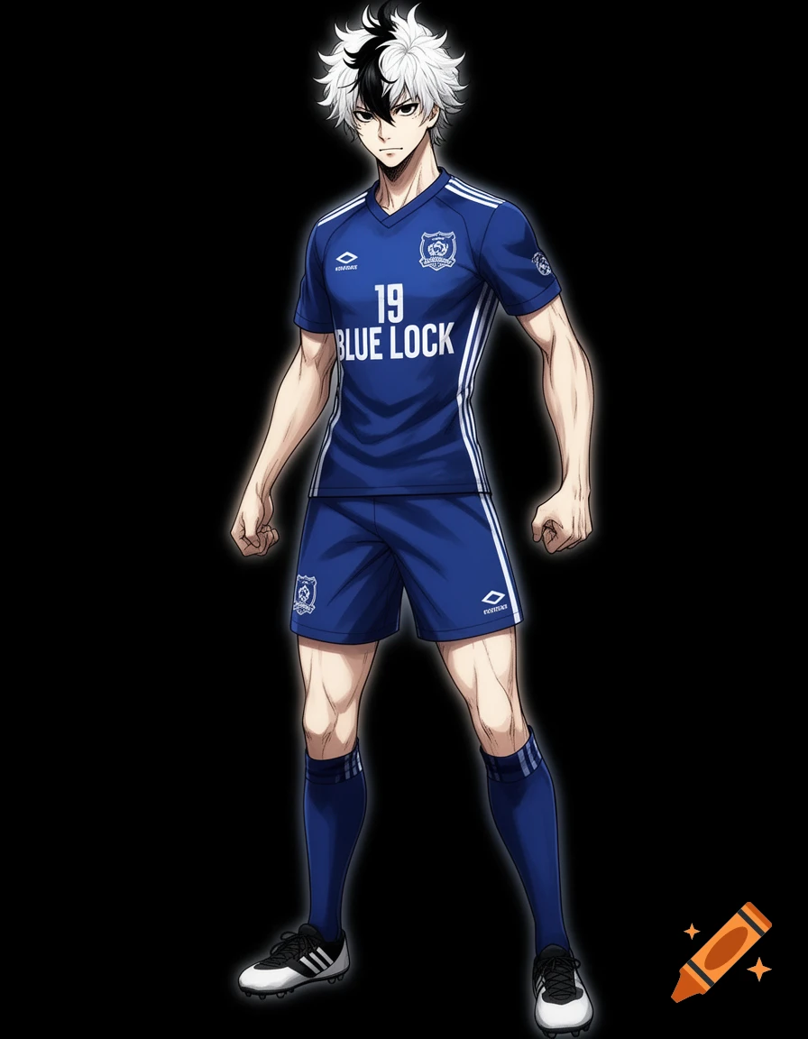 Anime-style male soccer player with spiky black and white hair, wearing a blue jersey with '19 BLUE LOCK' and blue shorts, standing on a black background.