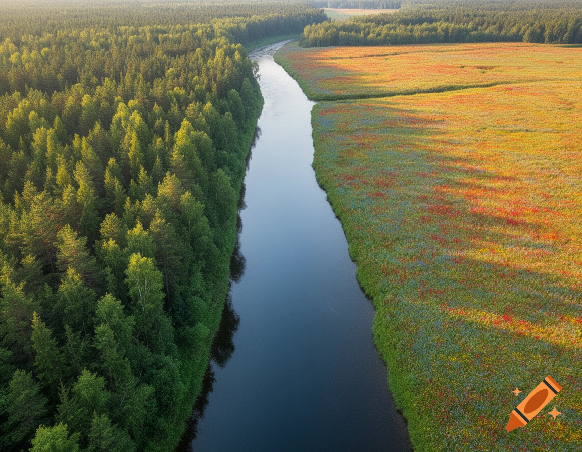 Aerial view of a winding river separating a dense green forest from a vibrant, colorful wildflower field under warm sunlight.